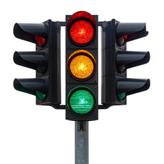 PNG of a trio of vertical traffic lights showing red, yellow, and green signals. Ideal for traffic control, road safety projects, urban planning, and transportation design with transparent background