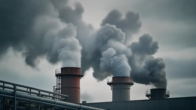 Industrial landscape with tall smoking grey factory chimneys. Air pollution concept.