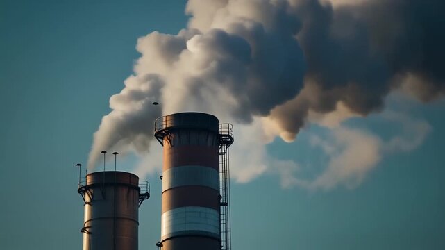 Industrial landscape with tall smoking grey factory chimneys. Air pollution in the cities. 