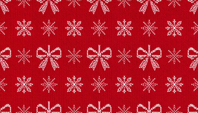 Festive pattern featuring repeating white snowflakes and bows on a red knit background, resembling a holiday sweater design