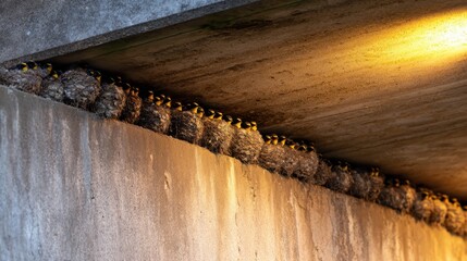 Nesting birds line a concrete ledge under a bridge, illuminated by warm light, creating a serene scene