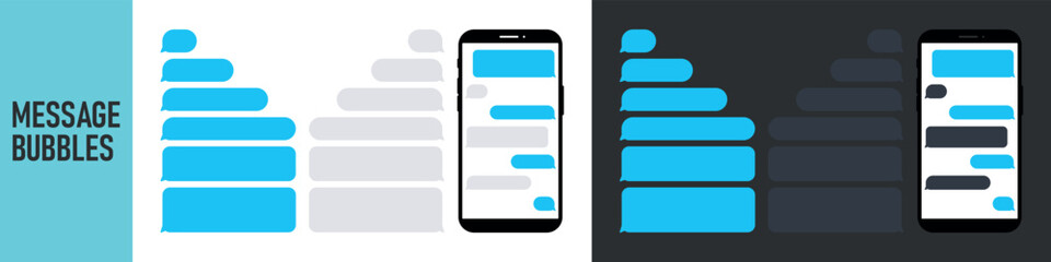 Smartphone, chatting sms app template bubbles. Place your own text to the message clouds. Social network messenger page template. DARK OR NIGHT MODE. Message Flat Bubbles © Петро Корженівський