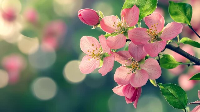The scene depicts blooming pink flowers on a branch, creating a serene and vibrant atmosphere. These lovely pink flowers stand out against the soft green background, enhancing thei