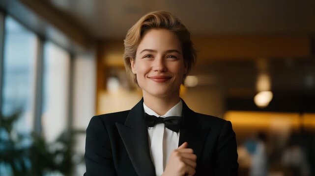 Female butler expressing confidence and composure while mediating minor guest dispute, emotion calm but empathetic, symbolizing diplomacy, leadership, and emotional intelligence in high-pressure