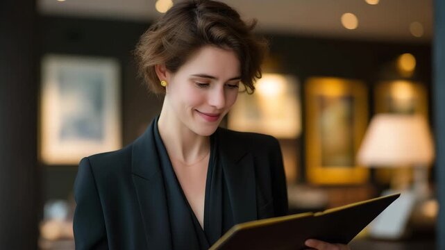 Female butler managing luxury art collection catalog, documenting heritage pieces with care and emotional reverence, symbolizing discretion, trust, and expertise in high-value estate asset