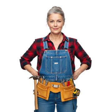 Skilled woman carpenter wearing denim overalls and tool belt holding hammer isolated on transparent background