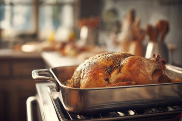 Golden roast turkey resting in a roasting pan on a stovetop, steam visible, kitchen background softly blurred, clean editorial food styling, no branding