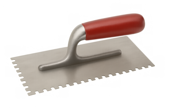 Notched trowel hand tool for tiling construction work