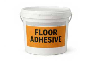 White plastic bucket of floor adhesive construction product
