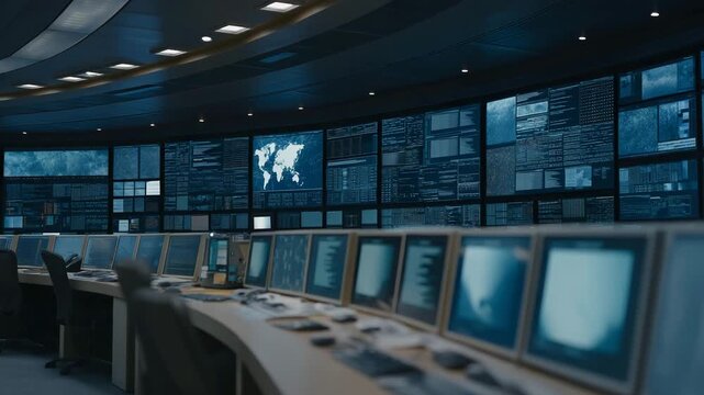 Futuristic control room filled with dark glowing screens, only faint silhouettes of operators visible, highlighting cyber mystery, data secrecy, network surveillance, and the hidden backbone of the