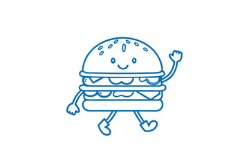 Happy burger character is walking and waving his hand as a cheerful gesture