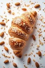 almond croissant flying with almond flakes, isolated on white background