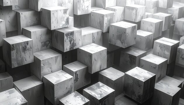 Abstract composition showcases a collection of textured, three-dimensional blocks arranged to create an uneven surface with varied depths and angles, featuring a predominantly monochromatic color...