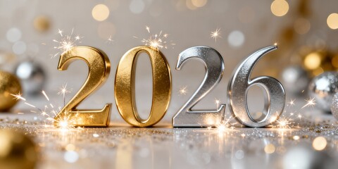 Sparkling 2026 New Year Celebration with Golden and Silver Numbers.