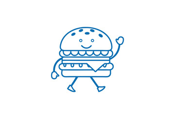 Playful blue cartoon burger character with smiling face is cheerfully walking on white