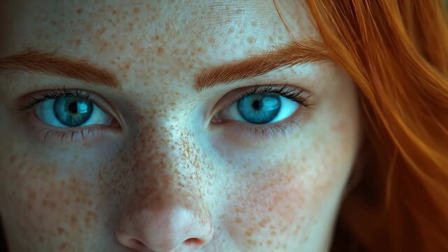 Close Up of Red-Haired Woman With Freckles and Piercing Blue Eyes