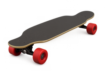 Longboard with red wheels on transparent background