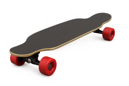 Longboard with red wheels on transparent background