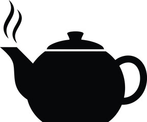 Black silhouette of a steaming teapot on a white background