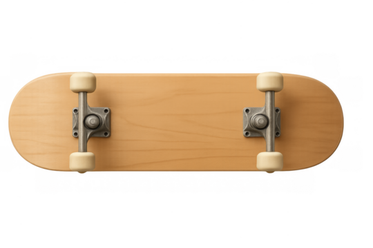 Wooden skateboard undersurface with trucks and wheels on transparent background