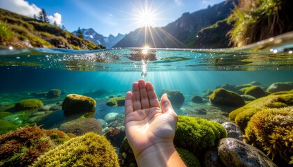A close-up of a human hand holding crystal-clear ocean water with sunlight reflections