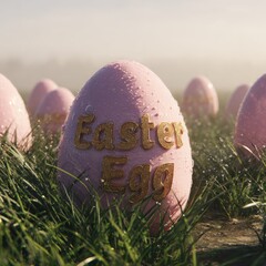 Pink easter egg with text in grassy field outdoors under soft lighting