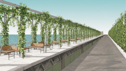 Scenic Coastal Walkway with Lush Greenery and Ocean Views.