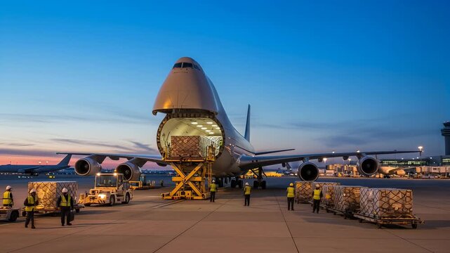 Airport ground crew loading freight pallets into a jumbo cargo jet at twilight. Global logistics and air freight supply chain operations. Wide shot with vertical tilt.
