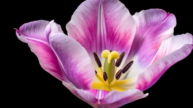 Vibrant purple and pink tulip close-up against a black background, showcasing detailed petals and stigma