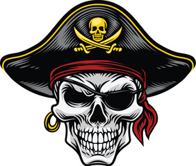 A pirate skull in a captain hat skeleton vintage woodcut style design