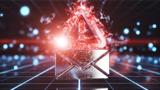 Futuristic digital envelope with glowing fire and smoke, symbolizing advanced technology in communication and email notifications, set against abstract neon lights backdrop