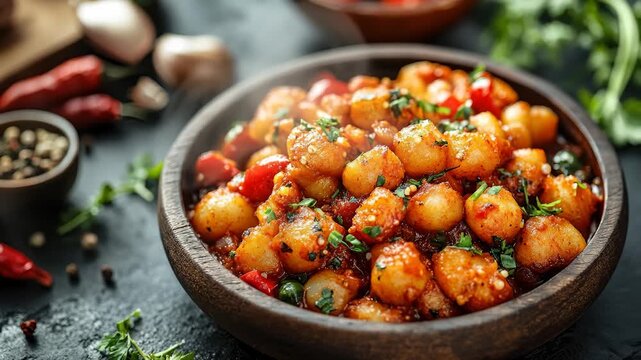 Serving Delicious Dum Aloo in Wooden Bowl on Dark Surface