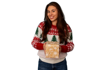 Woman smiling, holding christmas gift, wearing festive sweater, celebrating holiday season with present