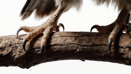 Close up of powerful talons of a majestic bird of prey gripping a tree branch, isolated on white background.