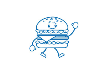 Illustrated burger character cheerfully waves hello with simplistic blue line art on white