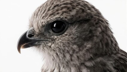 Close-up of a majestic falcons head against a white background.