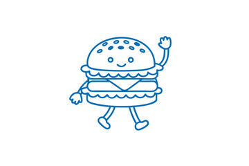 Cute blue burger cartoon waves, standing on white backdrop, expressing joy