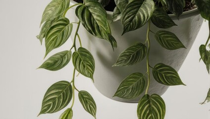 Hanging Potted Plant with Striped Leaves in Minimalist Setting.