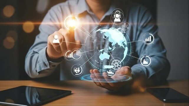 Businessman interacting with a futuristic holographic globe displaying data and analytics icons - Powered by Adobe