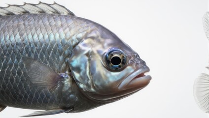 Close-up of a Silver Fish with Detailed Scales and Blue Eyes.