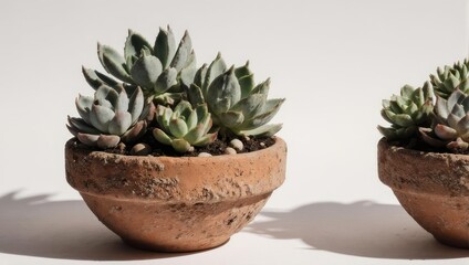 Two potted succulent plants on a white background with natural light.
