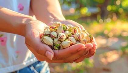 man holding handful Healthy handful of pistachios, Generated with AI.