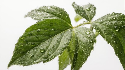Close-up of Green Leaves with Water Droplets on a White Background.