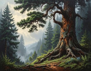 A grand, ancient tree in a misty forest scene. Dense evergreen trees surround it