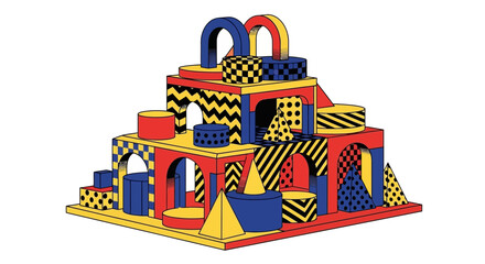 Fototapeta premium Playful geometric building blocks create a vibrant and whimsical abstract structure with colorful shapes and patterns, perfect for creative designs