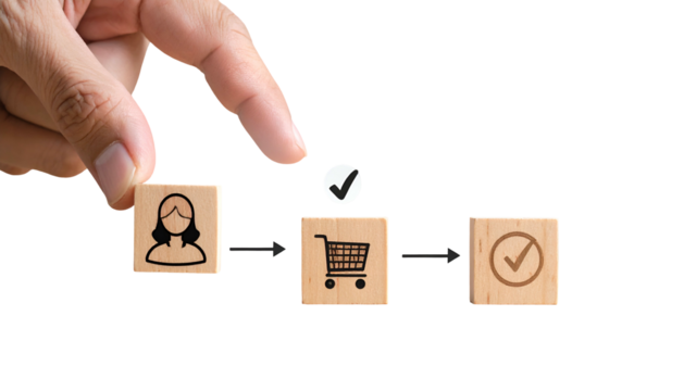 Hand pointing at blocks depicting customer, cart, and completion with checkmarks on black