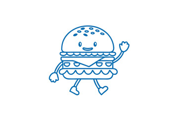 Happy cartoon burger with arms and legs is waving a friendly hello