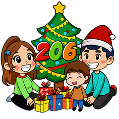 Fototapeta premium A happy family sitting near a Christmas tree, exchanging gifts and laughing joyfully 2026 on white background