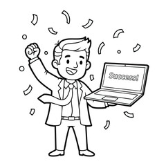 Joyful businessman celebrating professional achievement, holding a laptop displaying 'Success!' as confetti falls, symbolizing triumph and digital accomplishment