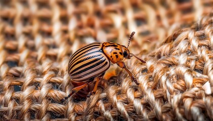 detailed view of a tiny striped beetle insect crawling on a coarse woven fabric